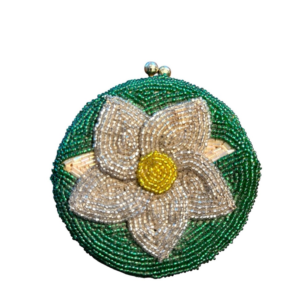 Vintage Beaded Coin Purse‎ Green White Poinsettia Christmas Holiday